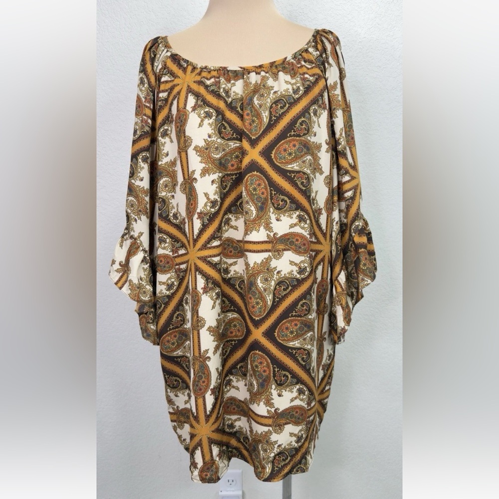 Vintage Voom by Joy Han Paisley MOD Angle Bell Sleeve Shift Dress M